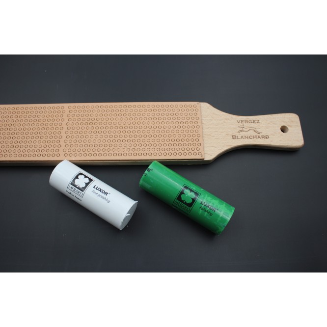 Kit STROP de cuero 6,5 × 30 cm + pasta de afilar blanca y verde