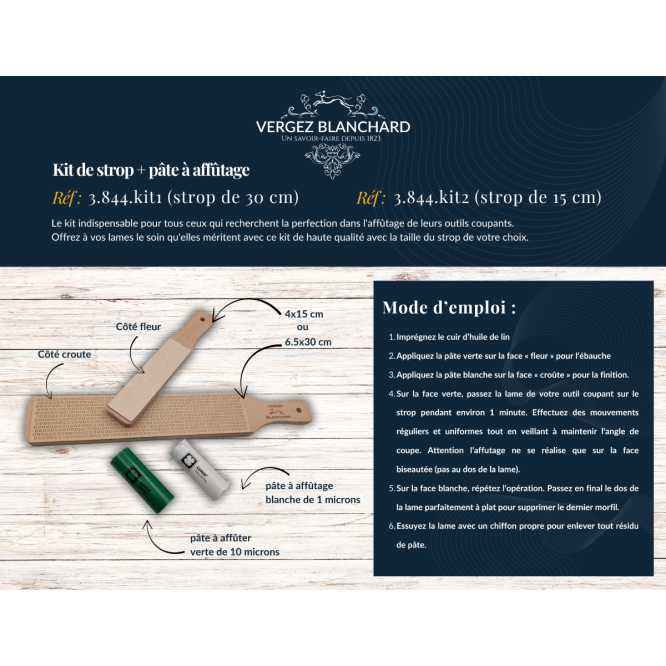 Kit STROP en cuir 6.5x30 cm + pâte à affûter blanche et verte