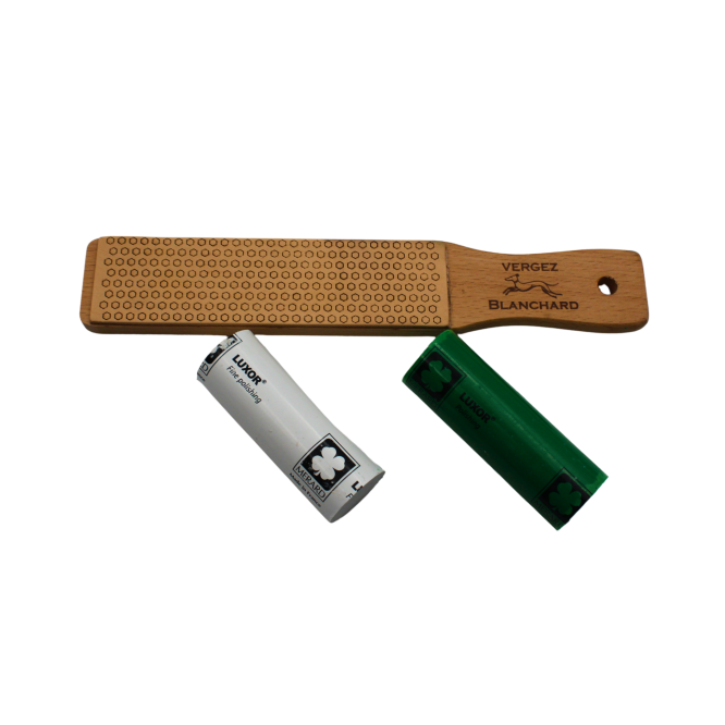 Kit STROP en cuir 4x15 cm + pâte à affûter blanche et verte