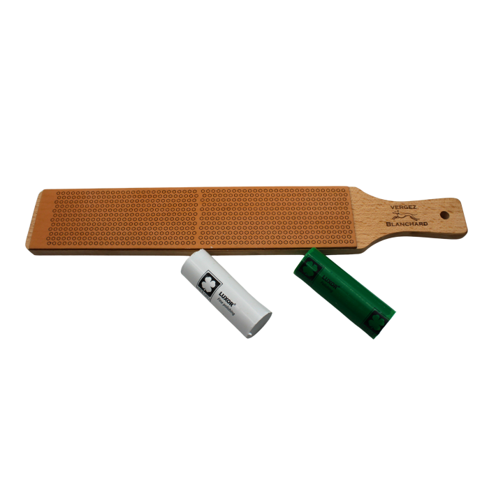 Kit STROP en cuir 6.5x30 cm + pâte à affûter blanche et verte Kit STROP en cuir 6.5x30 cm + pâte à affûter blanche et verte